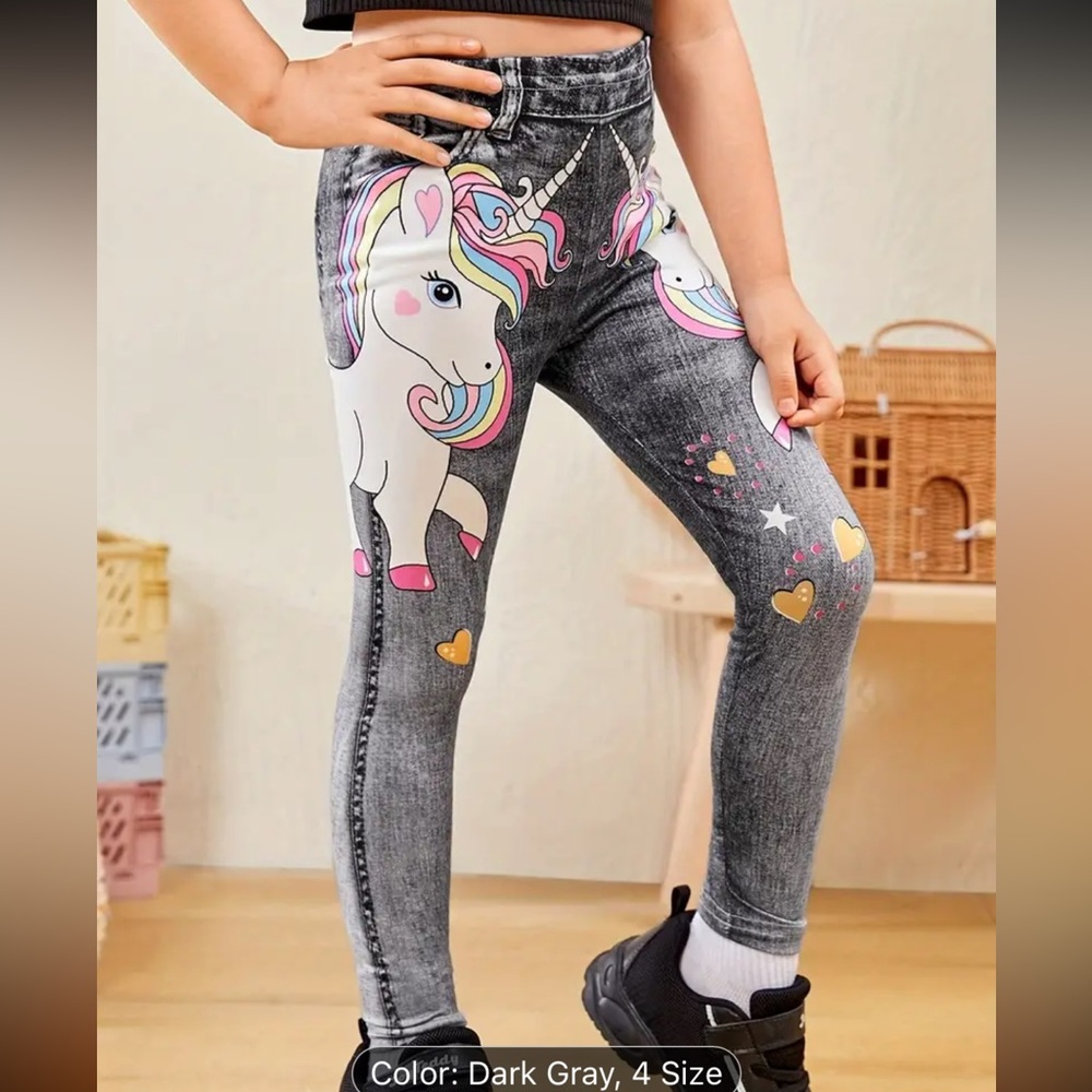 Girls Casual Cute‎ Unicorn Print Imitation Denim Print Trousers Leggings. NWOT